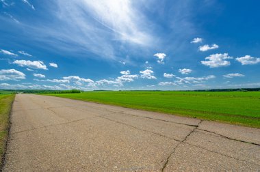 Bahar fotoğrafçılığı, eski asfalt yolu yaşlılıktan çatlamış. Güneşten, rüzgârdan ve soğuktan kahverengi bir tonu var. Ekinler yol kenarında yetişir. Peyzaj cazibesi seyahat gerektirir