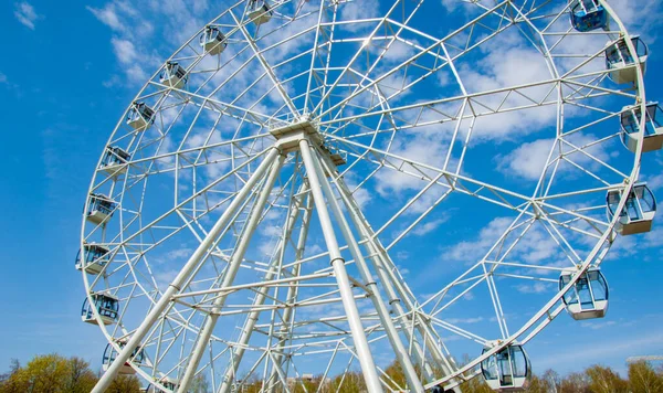 摩天轮是一种游乐园或游乐场 由一个巨大的垂直旋转轮组成 其外缘悬挂着客车 — 图库照片