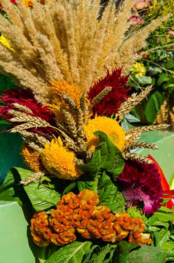 Bir buket çiçek. Çekici bir şekilde düzenlenmiş bir demet çiçek, özellikle bir hediye olarak sunulan ya da bir törende taşınan. burun, lezzet