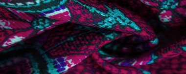 Arka plan tasarım dokusu, kırmızı ipek kumaş ve mavi çiçek desenli daireler. Charmeus 'un çok güzel bir kumaşı var. Yumuşak bir doluluk içinde birleştirilebilir..