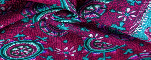 Pozadí Design Textury Červené Hedvábí Tkaniny Modrými Vzory Květin Kruhy — Stock fotografie