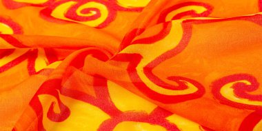 desen ipeği, kumaş kırmızısı arkaplan boyalı sarı çiçekler kumaş desenli çizimler. Parlak sarı çiçekli ve köri renkli çizgili izler avlunun her tarafına yayılmış..