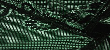 Doku, arkaplan, tasarım, yeşil kadın dantelinden şal, yeşil dantelden örgü, püskül, el örgüsü. Çiçek festivali. Tasarımınız, düğün üçgeniniz, gelinin tebrik kartı..