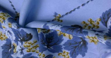 Doku, arka plan, şekil, Crepe de Chin. açık mavi, kahverengi çiçekler. Bu bir ipek grubu, pürüzle karakterize edilmiş, aynı zamanda hafif kırışık..