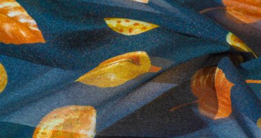 Doku, arkaplan, desen, ipek kumaş, mavi ve sarı sonbahar yaprakları..