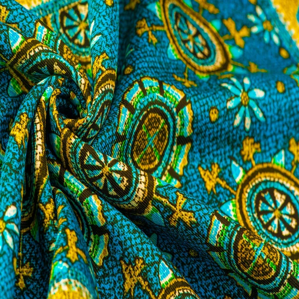 Textura Diseño Fondo Tela Seda Turquesa Con Dibujos Amarillos Círculos — Foto de Stock
