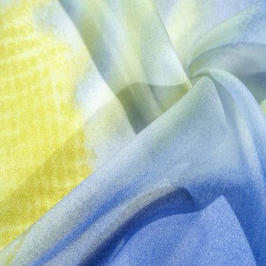 Doku, desen, koleksiyon, açık mavi, sarı ve beyaz ipek kumaş, soyut desen ve yatak tonu.