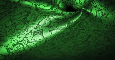 rahatlama deseni, birleşik tekstil, çiçek desenli yeşil ipek kumaş, alışılmadık hoş görsel duyular: kayganlık, serinlik, yumuşaklık; güzel görünüş, eşsiz parlaklık;