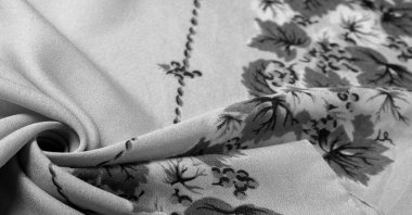 Doku, arka plan, şekil, Crepe de Chin. Bej rengi, mavi çiçekler. Bu bir ipek grubu, pürüzle karakterize edilmiş, aynı zamanda hafif kırışık..