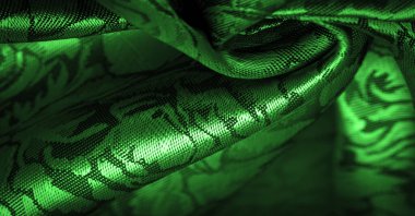 rahatlama deseni, birleşik tekstil, çiçek desenli yeşil ipek kumaş, alışılmadık hoş görsel duyular: kayganlık, serinlik, yumuşaklık; güzel görünüş, eşsiz parlaklık;