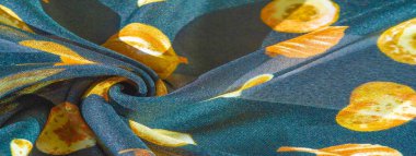Doku, arkaplan, desen, ipek kumaş, mavi ve sarı sonbahar yaprakları..