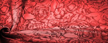 relief pattern, composite textiles, red silk fabric, with a floral pattern, unusually pleasant visual sensations: slippery, coolness, softness; beautiful appearance, unique luster;