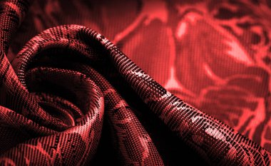 relief pattern, composite textiles, red silk fabric, with a floral pattern, unusually pleasant visual sensations: slippery, coolness, softness; beautiful appearance, unique luster;