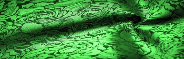 Reliëf Patroon Composiet Textiel Groene Zijde Stof Met Een Bloemmotief — Stockfoto