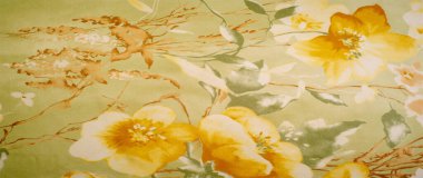 Doku, arka plan, büyük desenli ince yarı saydam ipek. Sarı bir arka plan üzerinde - marul ve turuncu çiçekler, genel kompozisyon biraz soyut kılan kendi desen, her biri ile.