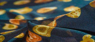 Doku, arkaplan, desen, ipek kumaş, mavi ve sarı sonbahar yaprakları..