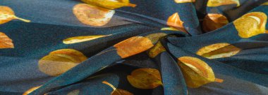 Doku, arkaplan, desen, ipek kumaş, mavi ve sarı sonbahar yaprakları..