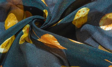 Doku, arkaplan, desen, ipek kumaş, mavi ve sarı sonbahar yaprakları..