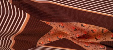 Doku, desen, koleksiyon, ipek kumaş, beyaz ve kırmızı çizgilerden oluşan çizgili kahverengi arkaplan, İspanyol teması,