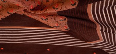 Doku, desen, koleksiyon, ipek kumaş, beyaz ve kırmızı çizgilerden oluşan çizgili kahverengi arkaplan, İspanyol teması,