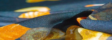 Doku, arkaplan, desen, ipek kumaş, mavi ve sarı sonbahar yaprakları..