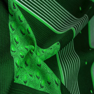 Desensel desen, koleksiyon, ipek kumaş, yeşil arka plan, çizgili beyaz ve salata desenli, İspanyol temalı, Meksika kostümlü panço.