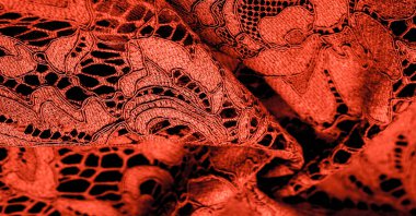 Doku, arkaplan, desen, kırmızı dantel kumaş, kabartmalı dantel kumaş, her iki kenarda da istiridye. Projeleriniz için uygun, tasarım, vs..