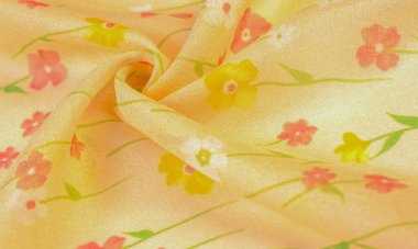 Doku arka planı, ipek kumaş, bej arka planda küçük çiçekler, ince dikiş. Kırmızı, bej renkli ton. Çiçek tasarımı