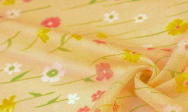 Doku arka planı, ipek kumaş, bej arka planda küçük çiçekler, ince dikiş. Kırmızı, bej renkli ton. Çiçek tasarımı