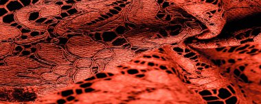 Doku, arkaplan, desen, kırmızı dantel kumaş, kabartmalı dantel kumaş, her iki kenarda da istiridye. Projeleriniz için uygun, tasarım, vs..