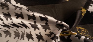 Arkaplan dokusu, dekoratif süs, ipek kumaş tarçın bej ve sarı, resim, geometrik, çiçekli veya diğer elementlerin kombinasyonunun grafik dekorasyonu.