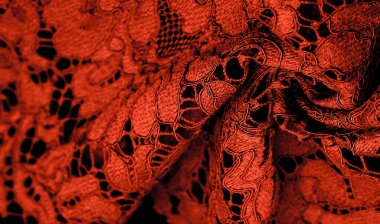 Doku, arkaplan, desen, kırmızı dantel kumaş, kabartmalı dantel kumaş, her iki kenarda da istiridye. Projeleriniz için uygun, tasarım, vs..