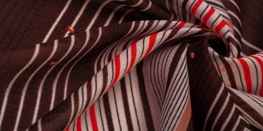 Doku, desen, koleksiyon, ipek kumaş, beyaz ve kırmızı çizgilerden oluşan çizgili kahverengi arkaplan, İspanyol teması,