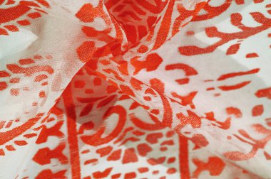 Doku, desen, koleksiyon, ipek kumaş, kadın eşarbı, bej arka planda kırmızı yakut pastel.