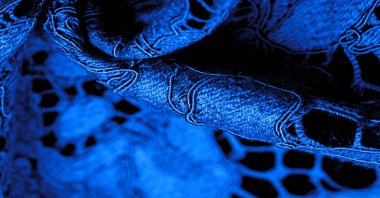 Doku, arkaplan, desen, mavi dantel kumaş, kabartmalı dantel kumaş, her iki tarafında da istiridye var. Projeleriniz için uygun, tasarım, vs..