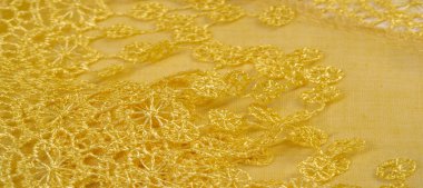 Doku, arkaplan, desen, kartpostal, ipek kumaş, dantel ambalajlı kadın sarı atkısı. Yazdırma ve dijital materyallerinizi oluşturmak için bu süslü resimleri kullanın.