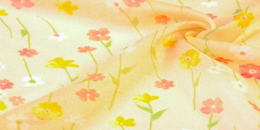 Doku arka planı, ipek kumaş, bej arka planda küçük çiçekler, ince dikiş. Kırmızı, bej renkli ton. Çiçek tasarımı