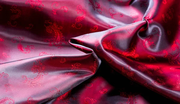 Texture Fabric Red Silk Paisley Pattern Beautiful Printed Silk Charmeuse — Stock Photo, Image