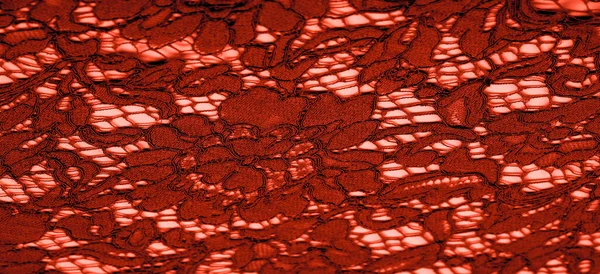 Υφή Φόντο Μοτίβο Κόκκινο Δαντελωτό Ύφασμα Λεπτό Ανάγλυφο Δαντελένιο Ύφασμα — Φωτογραφία Αρχείου