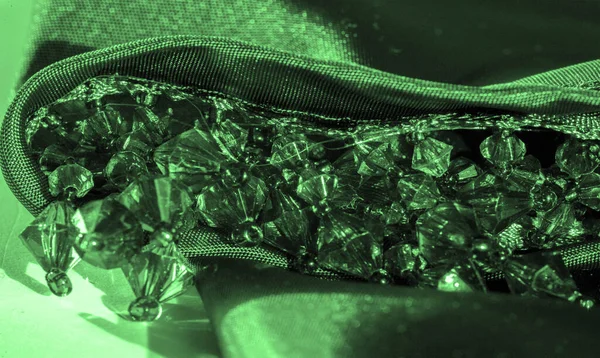 Postcard Background Texture Deep Emerald Silk Fabric Decorated Green Glass — Stock Photo, Image