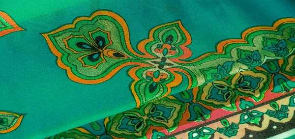 desen, arkaplan, çok renkli ipek kumaş yeşil arka planda desenli, jakoza desenli