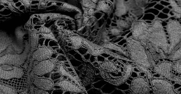 Textuur Achtergrond Patroon Zwarte Kant Stof Delicate Reliëf Kant Stof — Stockfoto