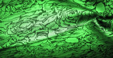 rahatlama deseni, birleşik tekstil, çiçek desenli yeşil ipek kumaş, alışılmadık hoş görsel duyular: kayganlık, serinlik, yumuşaklık; güzel görünüş, eşsiz parlaklık;