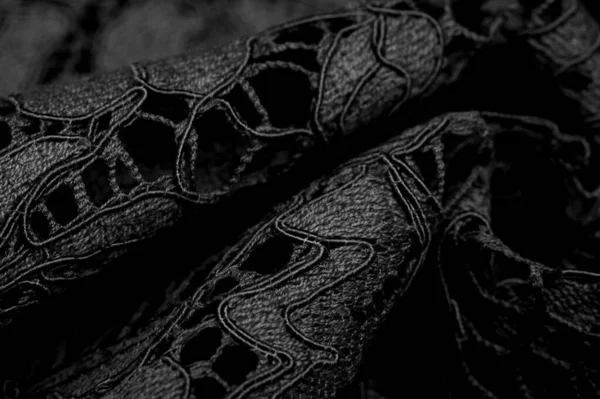 Υφή Φόντο Μοτίβο Μαύρο Δαντελωτό Ύφασμα Λεπτό Ανάγλυφο Δαντελένιο Ύφασμα — Φωτογραφία Αρχείου