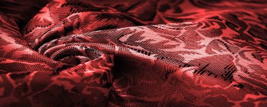 relief pattern, composite textiles, red silk fabric, with a floral pattern, unusually pleasant visual sensations: slippery, coolness, softness; beautiful appearance, unique luster;