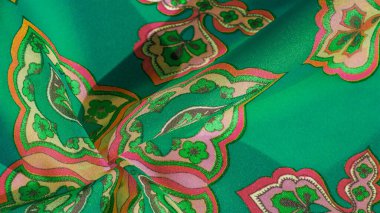 desen, arkaplan, çok renkli ipek kumaş yeşil arka planda desenli, jakoza desenli