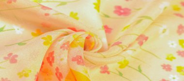 Doku arka planı, ipek kumaş, bej arka planda küçük çiçekler, ince dikiş. Kırmızı, bej renkli ton. Çiçek tasarımı