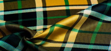 Doku, arkaplan, desen, kareli kumaş, sarı-yeşil-beyaz-mavi renkler, bu kumaşta İskoç motifleri, gayda sesleri ve güzel kokulu viski ile tasarladığınız tasarım.