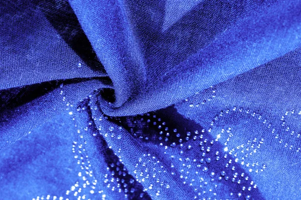 Textuur Achtergrond Patroon Ansichtkaart Blauwe Zijde Met Gelijmde Glasstenen Het — Stockfoto