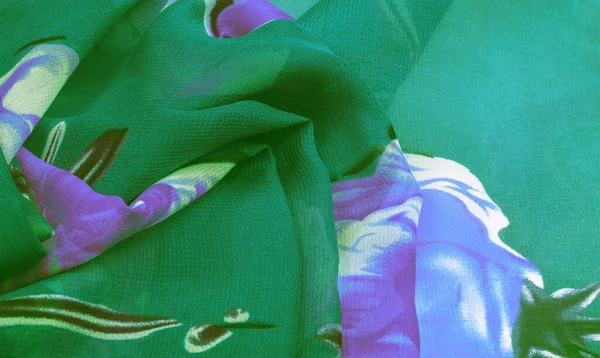 Textura Fundo Tecido Seda Verde Com Uma Impressão Floral Azul — Fotografia de Stock